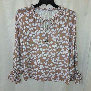 NWT SZ M Versona Tan, White, Purple Blouse with Pattern, Beaded Ties